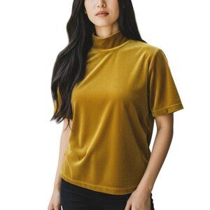Madewell Gold Velvet Mock Neck Short Sleeve Top Womens Size XS Elegant Chic‎